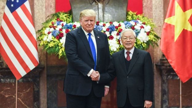 Tổng bí thư Nguyễn Phú Trọng tiếp Tổng thống Mỹ Donald Trump ở Hà Nội hôm 27-2-2019 