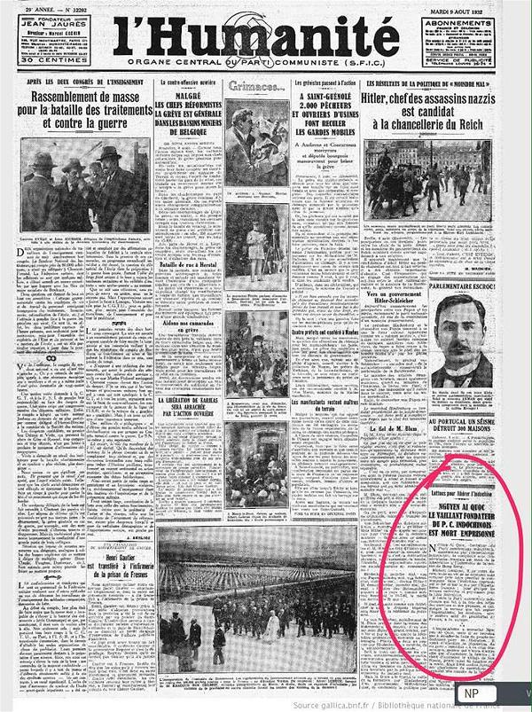 Báo L’Humanité, số ra ngày 9-8-1932 đưa tin Nguyễn Ái Quốc đã chết trong tù tại Hồng Kông (nguồn  Gallica BNF)
