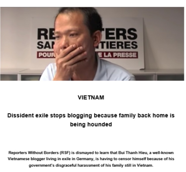 Tổ chức Phóng viên Không biên giới lên tiếng về tình trạng gia đình Blogger Bùi Thanh Hiếu bị chính quyền Việt Nam sách 