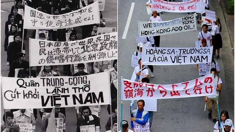 Cuộc biểu tình của sinh viên Việt Nam của 45 năm trước (trái) và nay vào 8-9-2019 tại Tokyo, Nhật Bản 