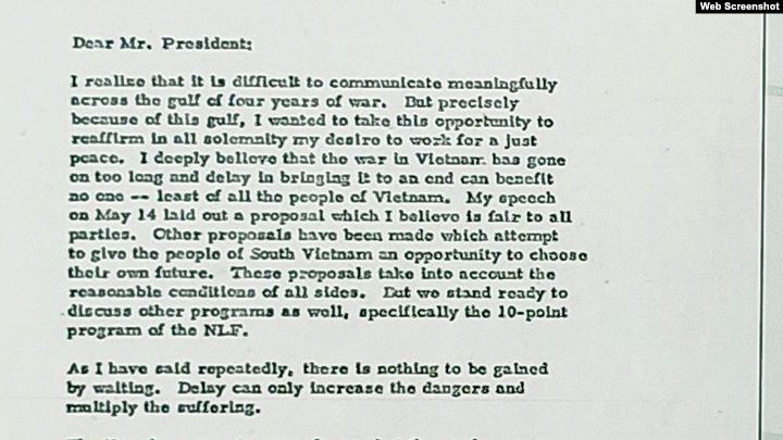 Thư của TT Richard Nixon gửi  Hồ Chí Minh ngày 15-07-1969. Photo VOV
