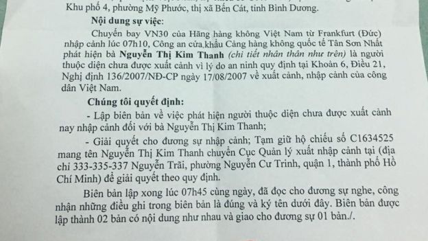 Biên bản câu lưu bà Nguyễn Thị Kim Thanh, vợ Trương Minh Đức 
