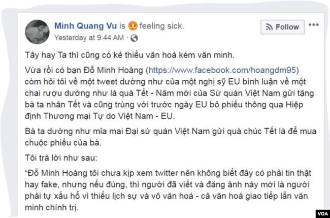 Một phần bài viết trên trang Facebook của đại sứ Vũ Quang Minh.