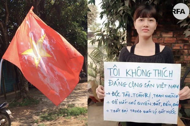 Nhà hoạt động Huỳnh Thục Vy (phải) và lá cờ bị xịt sơn