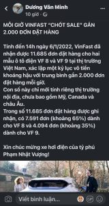 Một đăng tải trên Facebook của Dương Văn Minh vào đầu năm nay viết về số người đặt cọc mua xe VinFast (Screenshot từ FB 