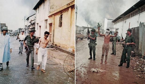 Mậu Thân Sài Gòn 1968 - Quân lính bắt tên lính VC ngay dưới kinh của nhà số 5A và đang dẩn ra chổ Đình Tân An (bên trái)