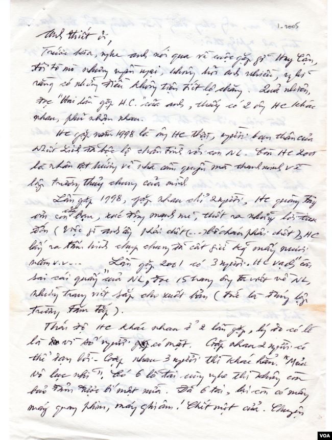 Lá thư của nhà văn Võ Phiến gửi tác giả Nguyễn Tường Thiết sau khi đọc bài 'Hai Lần Gặp Huy Cận' (đầu năm 2005)