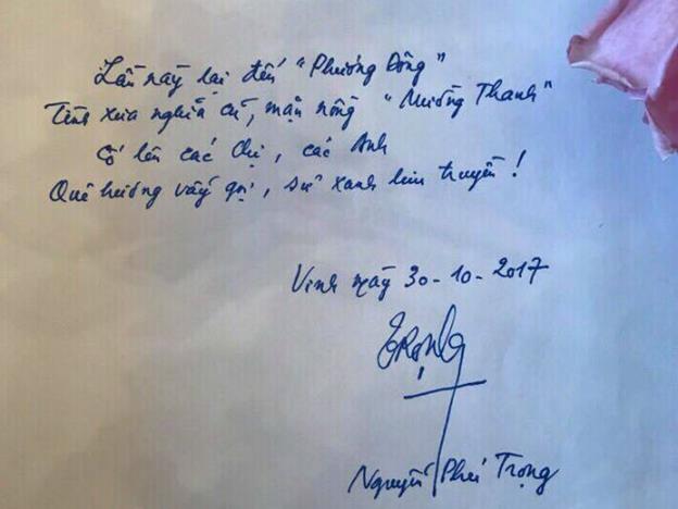 4 câu thơ viết tay của Tổng BT Nguyễn Phú Trọng tặng khách sạn Mường Thanh Grand Phương Đông 30-10-2017