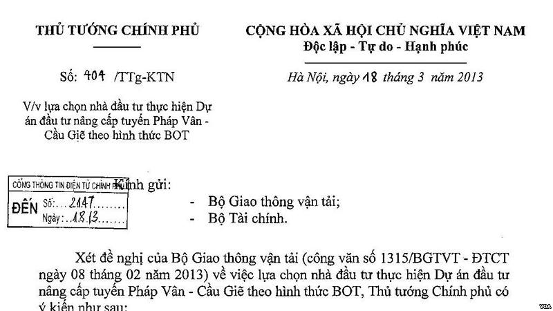 Công văn số 404-TTg-KTN ngày 18-3-2013 của PTT Hoàng Trung Hải đồng ý chỉ định nhà đầu tư dự án BOT Pháp Vân - Cầu Giẽ, 