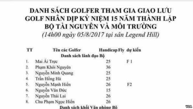 Danh sách golfer được lan truyền trên internet.