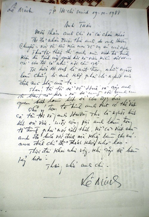 Bức thư ông Tư Minh, nguyên Bí thư Tỉnh ủy Thừa Thiên-Huế , cấp trên ông Tuân, đề nghị minh oan cho ông Tuân.