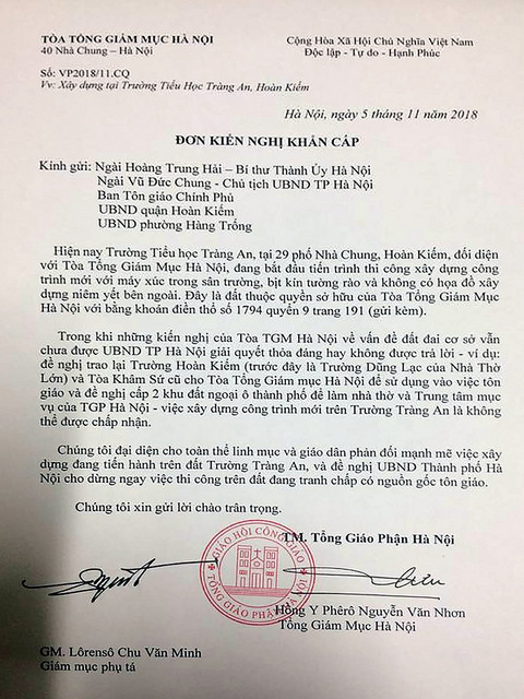 TGP Hà Nội phản đối việc chiếm cướp đất nhà thờ tại 29 Phố Nhà Chung, Hà Nội