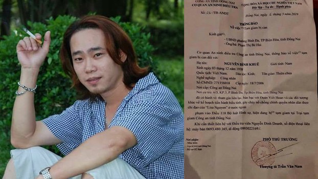 Anh Nguyễn Đình Khuê và giấy thông báo tạm giam của Công an Đồng Nai.