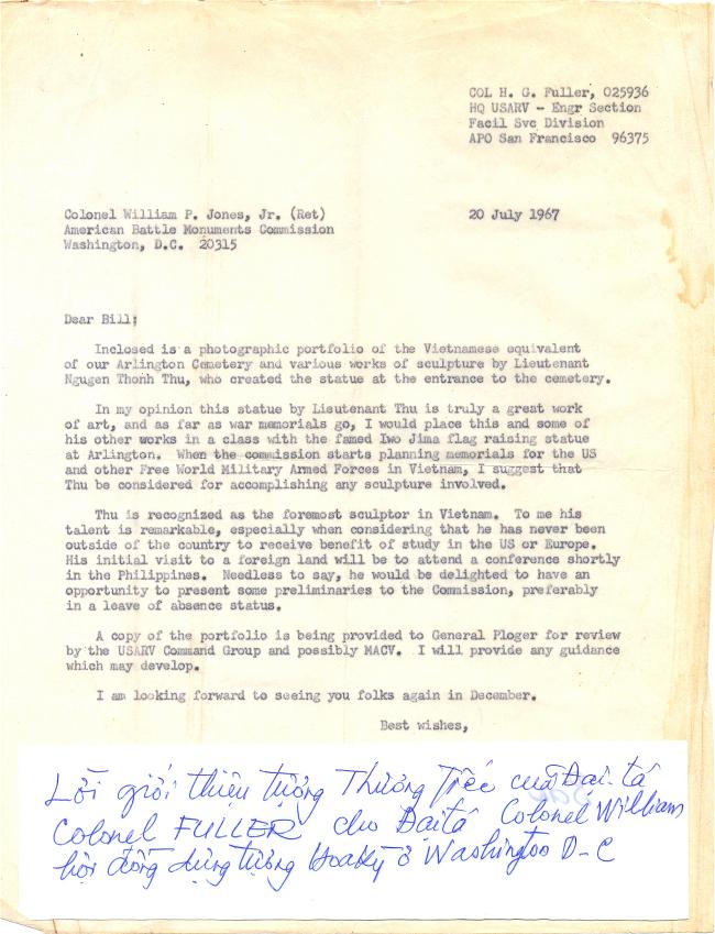 thư của Đại tá H.G. Fuller, gửi cho đại tá William P. Jones Jr., nói về điêu khắc gia Nguyễn Thanh Thu và các tác phẩm c