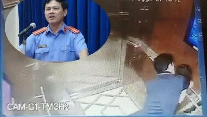 Nguyễn Hữu Linh (hình trái, lúc còn tại chức) và hình ảnh y đang tấn công tình dục bé gái trong thang máy ở Sài Gòn. (Hì