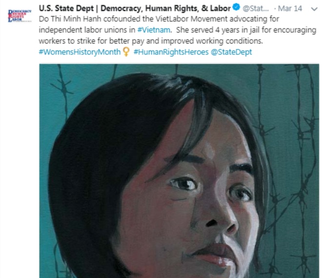 Trang Twitter về Đỗ Thị Minh Hạnh của Phòng Dân chủ, Nhân quyền, và Lao động của Bộ Ngoại giao Hoa Kỳ (Twitter US DOS DR