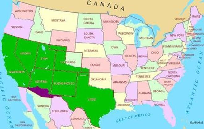 Bản đồ nước Mỹ với các tiểu bang màu xanh từng là lãnh thổ của Mexico trước đây.