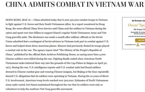 Bản tin của Reuters và Washington Post loan 'Ngày 16 tháng 5, 1989 Trung Cộng thừa nhận đã gởi 320 ngàn quân tham chiến 