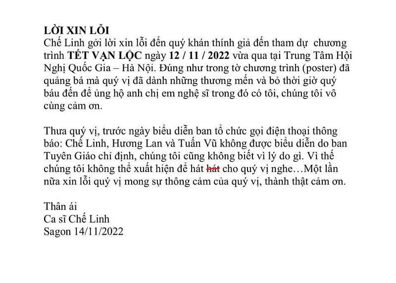 ca sĩ Chế Linh xin lỗi 14-11-2022
