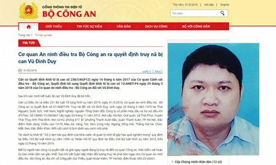 Ông Vũ Đình Duy lại bị truy nã quốc tế lần thứ hai vào ngày 31-5-2018. Ảnh Bộ Công an Việt Nam. Courtesy of Bộ Công an V