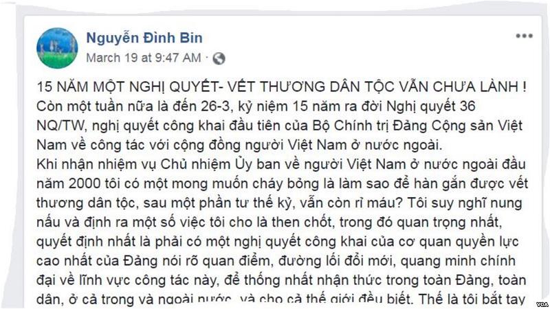 Một đoạn trong bài viết trên trang FB của ông Nguyễn Đình Bin.