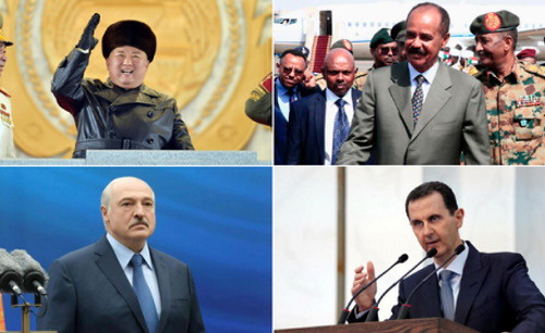 Kim Jong Un (North Korea, ol), Isayas Afewerki (Eritrea, or), Alexander Lukashenko (Belarus, ul) and Bashar al-Assad (Sy